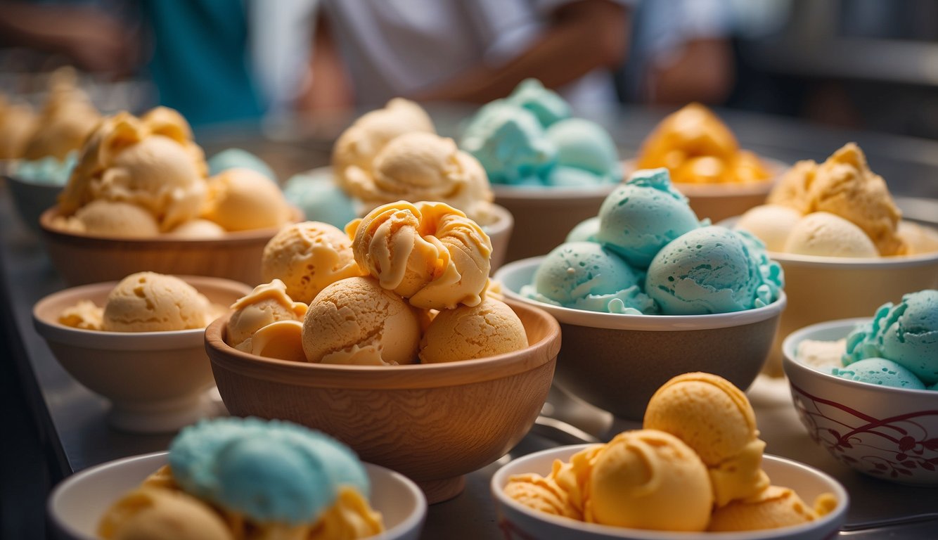 A bustling ice cream shop in Valencia, showcasing traditional ingredients and artisanal techniques. Vibrant displays of colorful gelato and skilled artisans creating delicious frozen treats