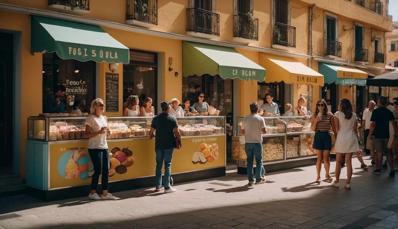 A bustling street scene outside the top 5 ice cream shops in Valencia, with colorful signs and happy customers enjoying their sweet treats